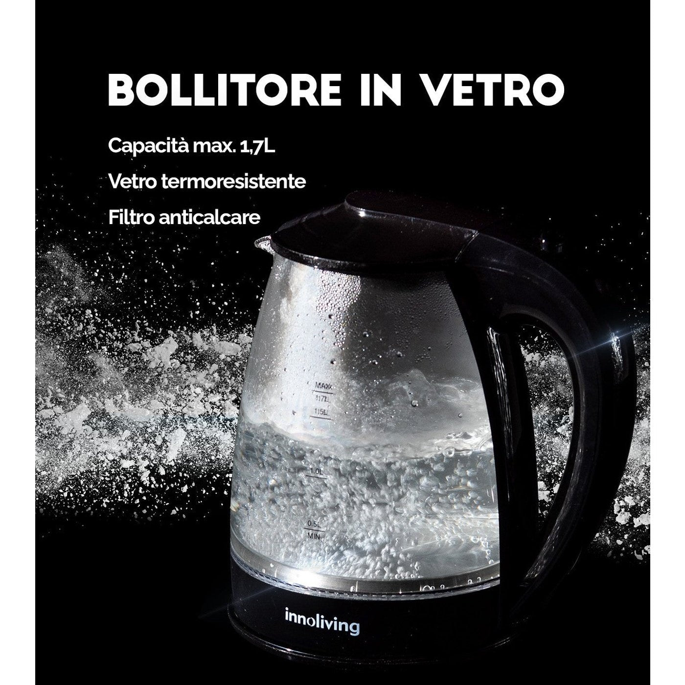 Bollitore in Vetro INN-724, 2200 W, 10 Cups, Vetro, Nero