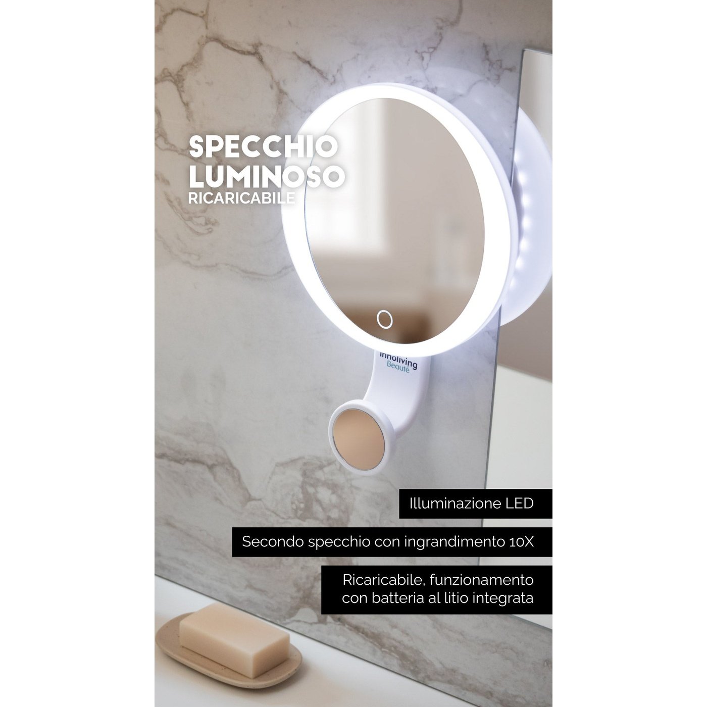 Doppio Specchio cosmetico luminoso ingrandimento 10X ricaricabile, Innoliving INN-806